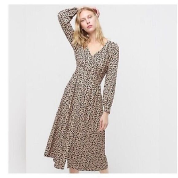 J Crew Women’s Size 0 Button Front A Line Midi Dress Tan Black Leopard Print - Picture 2 of 12
